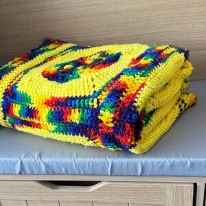 Rainbow Handmade Crochet Blanket in Bright Yellow with Multicolor Accents